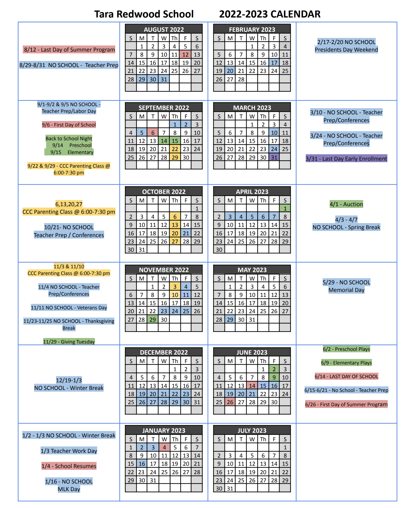 School Calendars Tara Redwood School