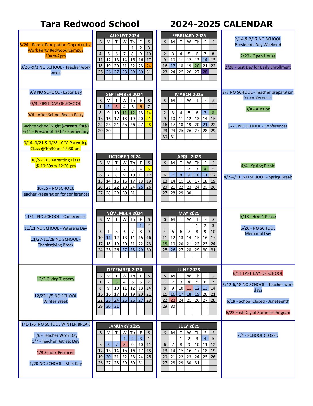 Independent school calendar Santa Cruz