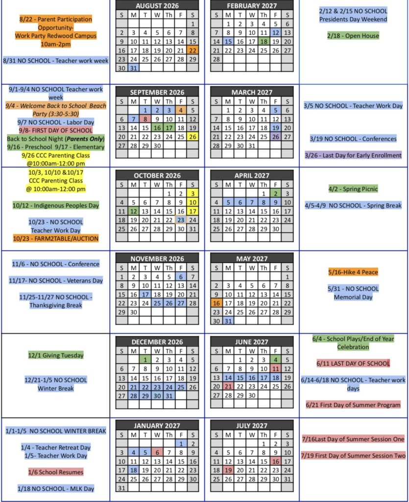 tara redwood school calendar 2026-27